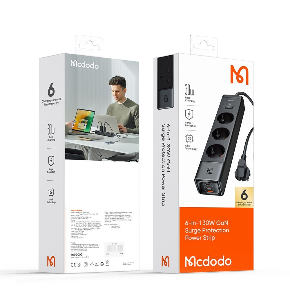 Predlžovač McDodo CH-0620, 3 x Schuko - 1 x USB-A - 2 x USB-C, čierny