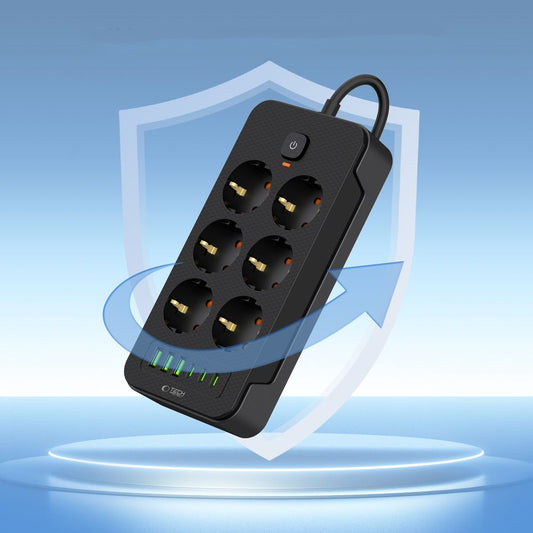 Predlžovací kábel Tech-Protect PC6X6, 15,5 W, 3,1 A, 3 x USB-A - 3 x USB-C - 6 x Schuko, čierny