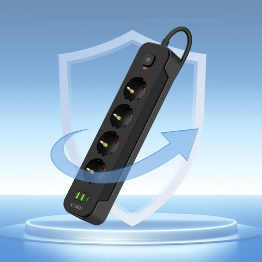 Predlžovací kábel Tech-Protect PCL4X3, 10,5 W, 2,1 A, 2 x USB-A - 1 x USB-C - 4 x Schuko, čierny