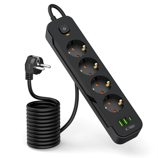 Predlžovací kábel Tech-Protect PCL4X3, 10,5 W, 2,1 A, 2 x USB-A - 1 x USB-C - 4 x Schuko, čierny