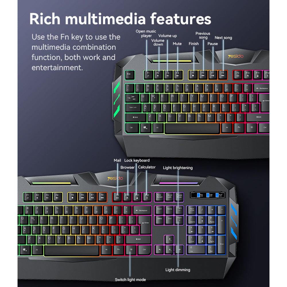 Herná klávesnica s káblom USB Yesido KB21, RGB, 1,5 m, čierna