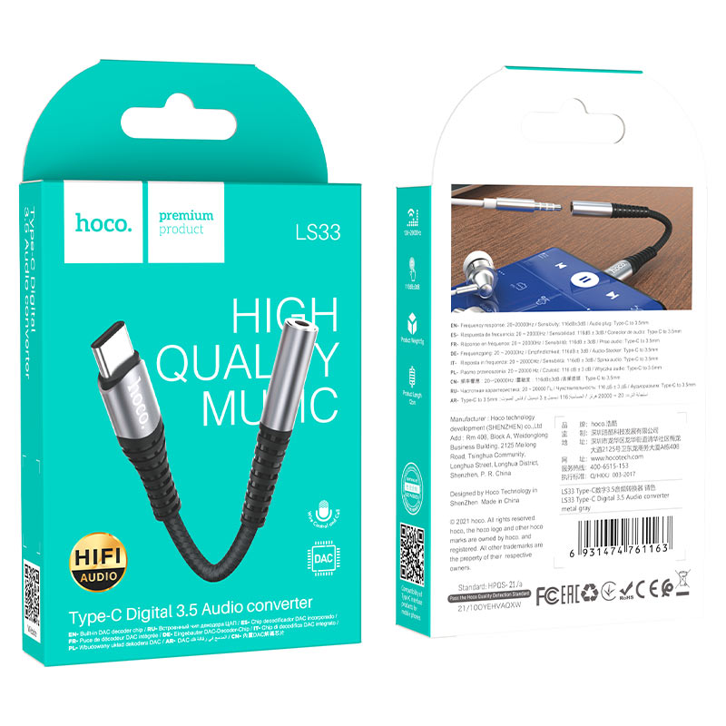 USB-C audio adaptér - 3,5 mm HOCO LS33, sivý