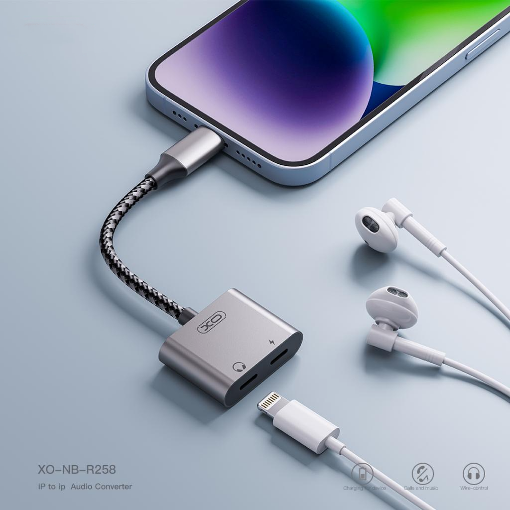 Audio adaptér Lightning - 2 x Lightning XO Design NB-R258A, Sivý
