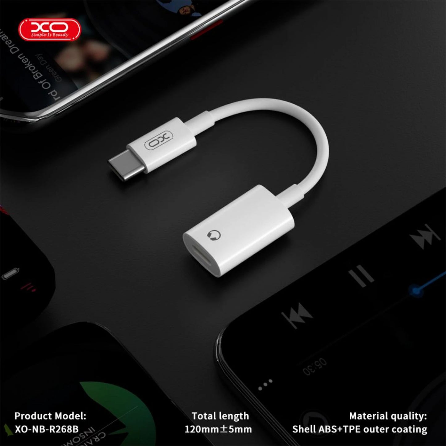 Audio adaptér USB-C - Lightning XO Design NB-R268B, Biely