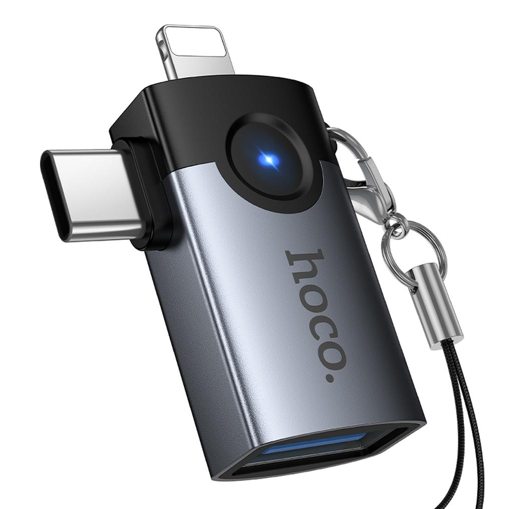 OTG adaptér Lightning / USB-C - USB-A HOCO UA46D, sivý