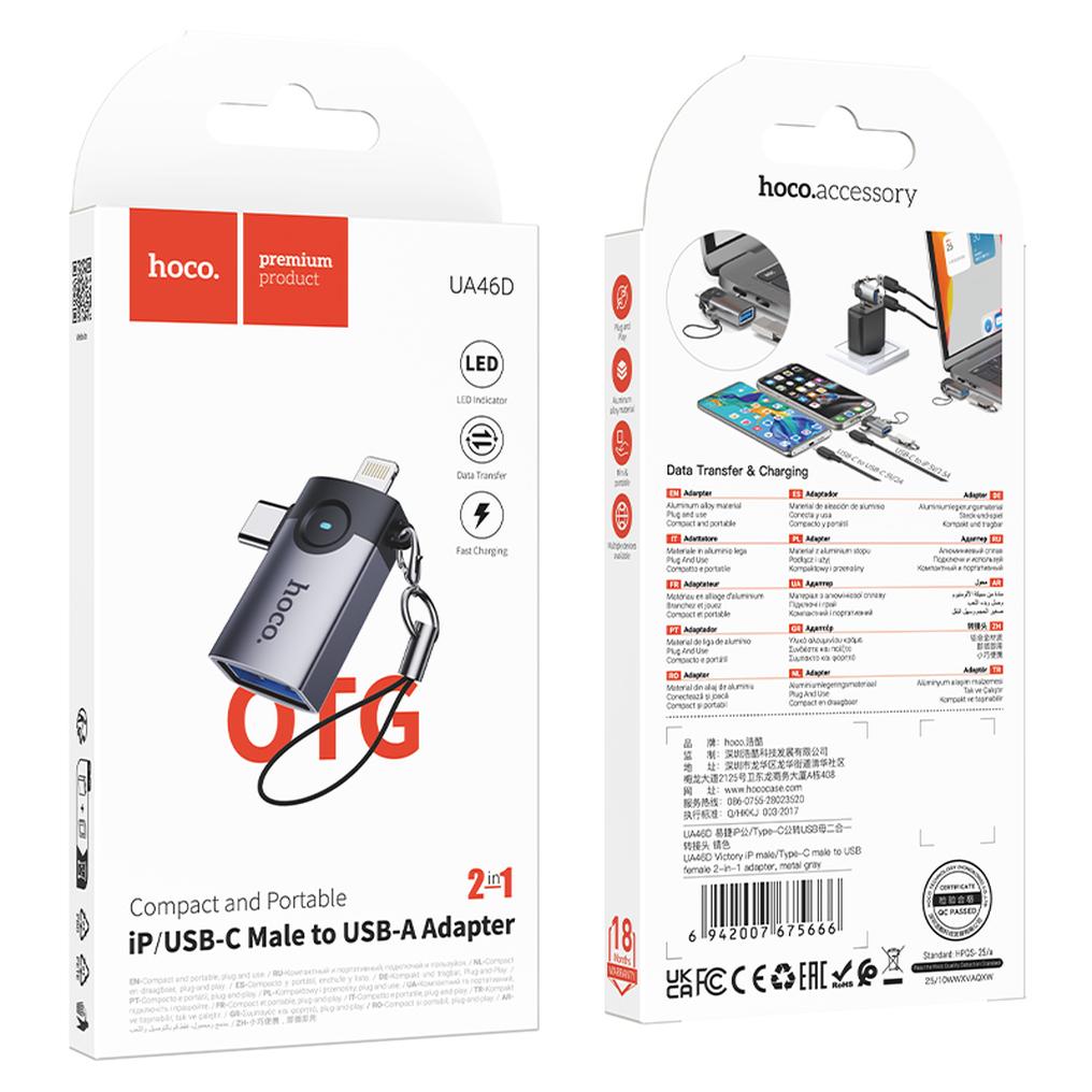 OTG adaptér Lightning / USB-C - USB-A HOCO UA46D, sivý