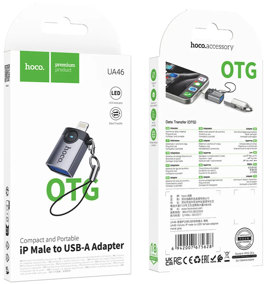 Adaptér OTG Lightning - USB-A HOCO UA46, Sivý