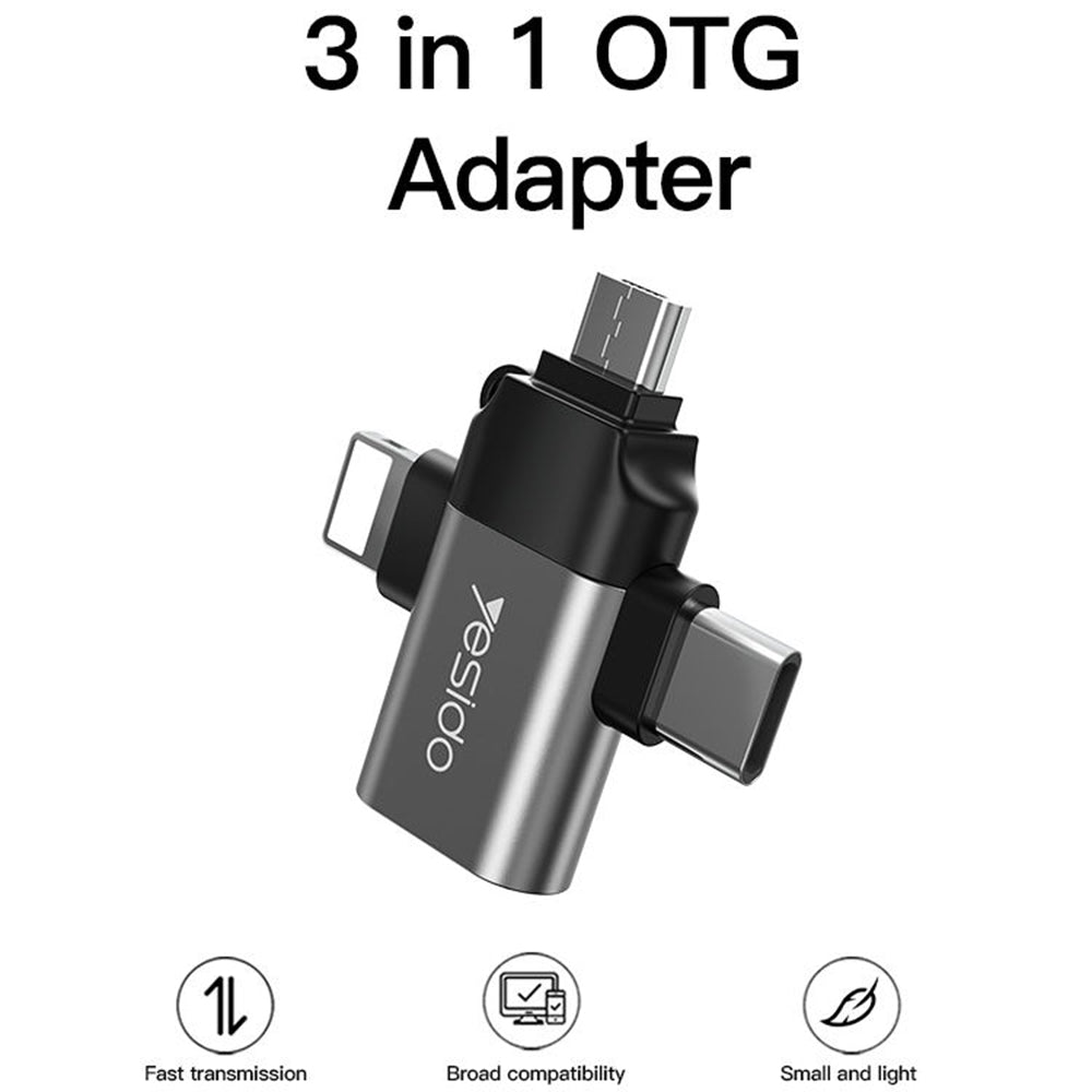 Adaptér OTG Lightning / microUSB / USB-C - USB-A Yesido GS15, čierny