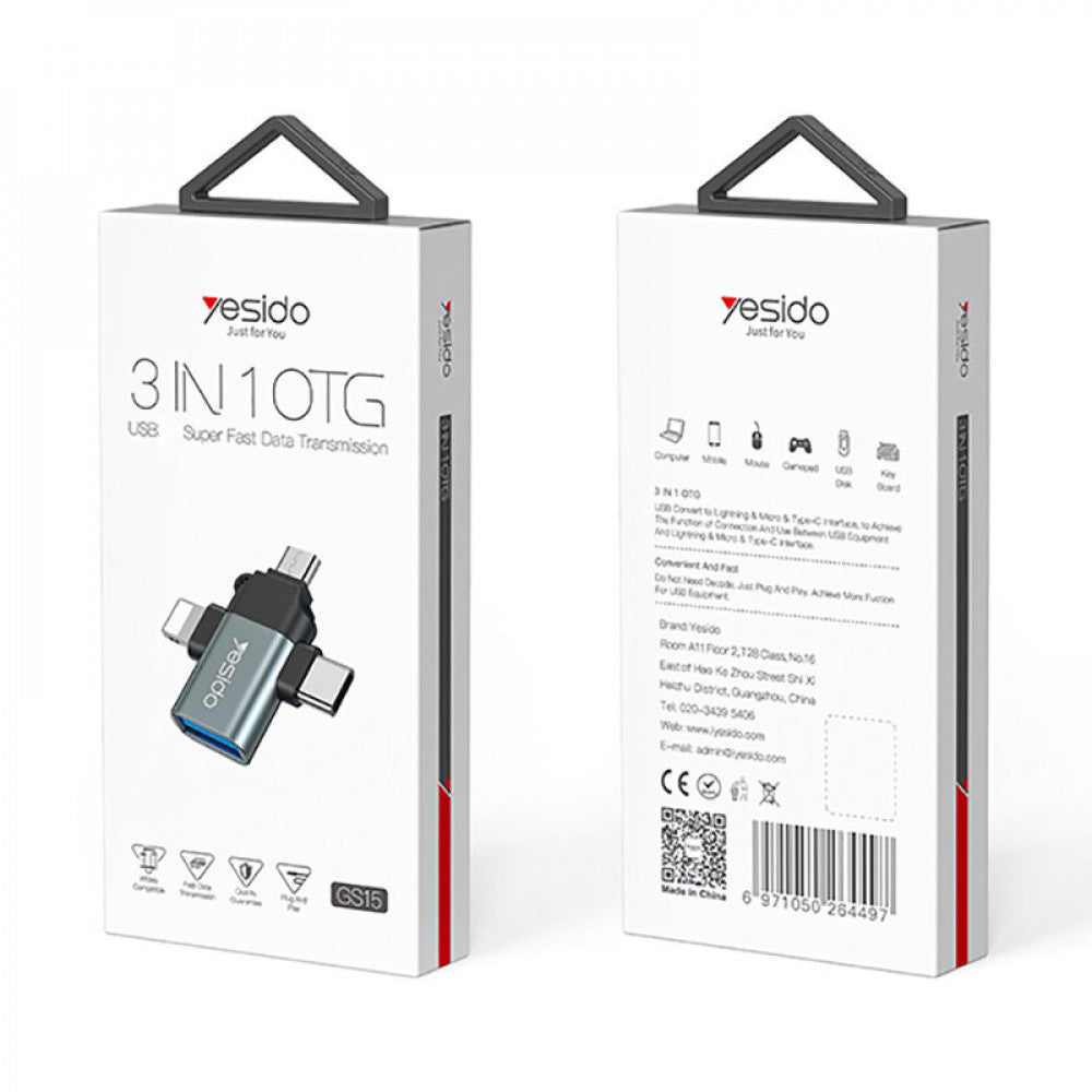 Adaptér OTG Lightning / microUSB / USB-C - USB-A Yesido GS15, čierny