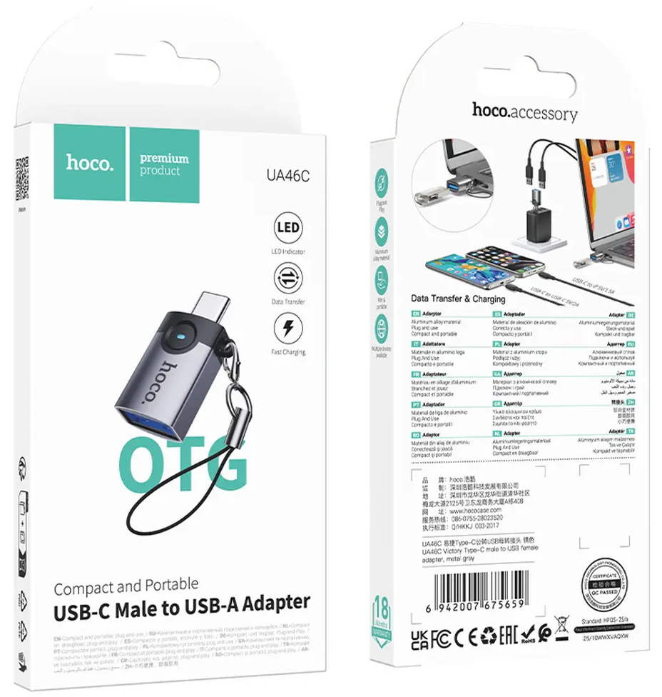 OTG adaptér USB-C - USB-A HOCO UA46C, sivý