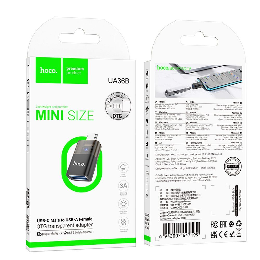 OTG adaptér USB-C - USB-A HOCO UA36B, čierny
