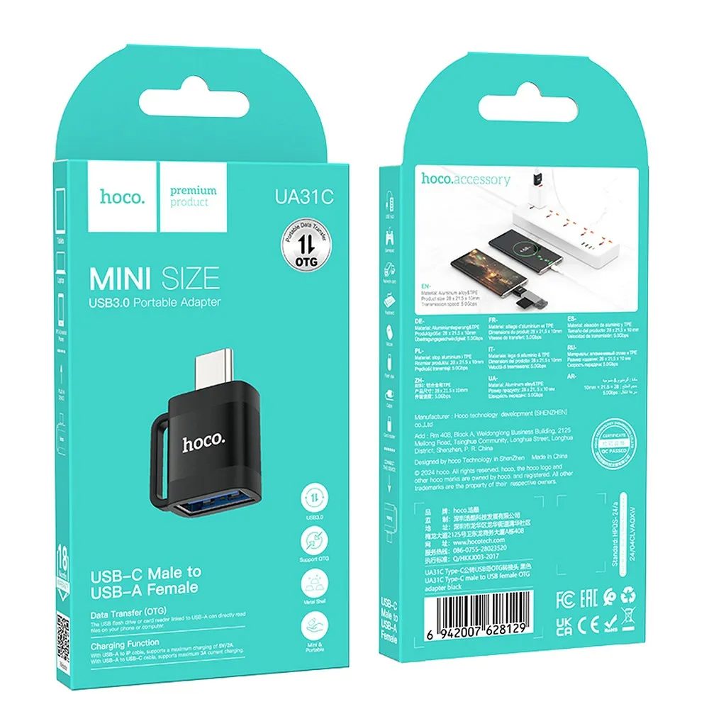 OTG adaptér USB-C - USB-A HOCO UA31C, Čierny