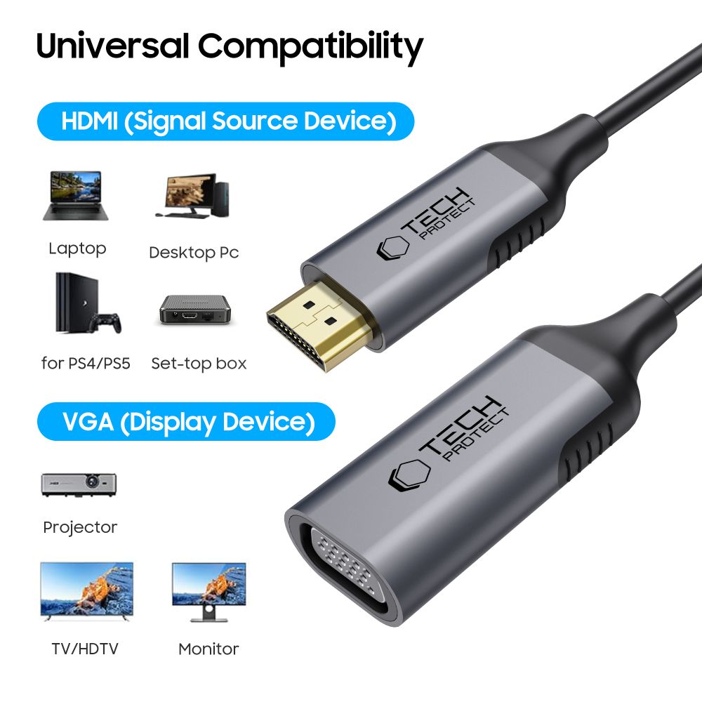 Video adaptér Tech-Protect Ultraboost, VGA - HDMI, 1080P, Čierny