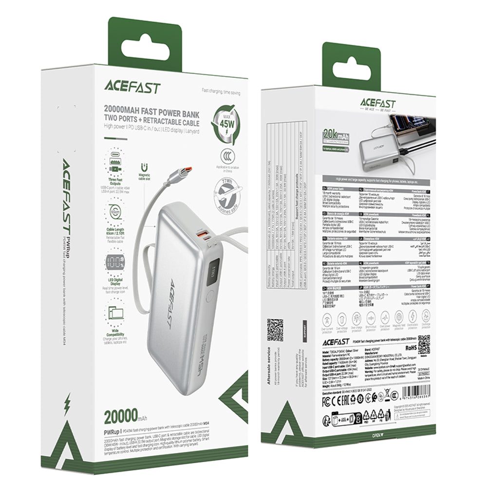 Externá batéria Acefast M34, 20000mAh, 45W, QC + PD, 1 x USB-A - 2 x USB-C, Strieborná