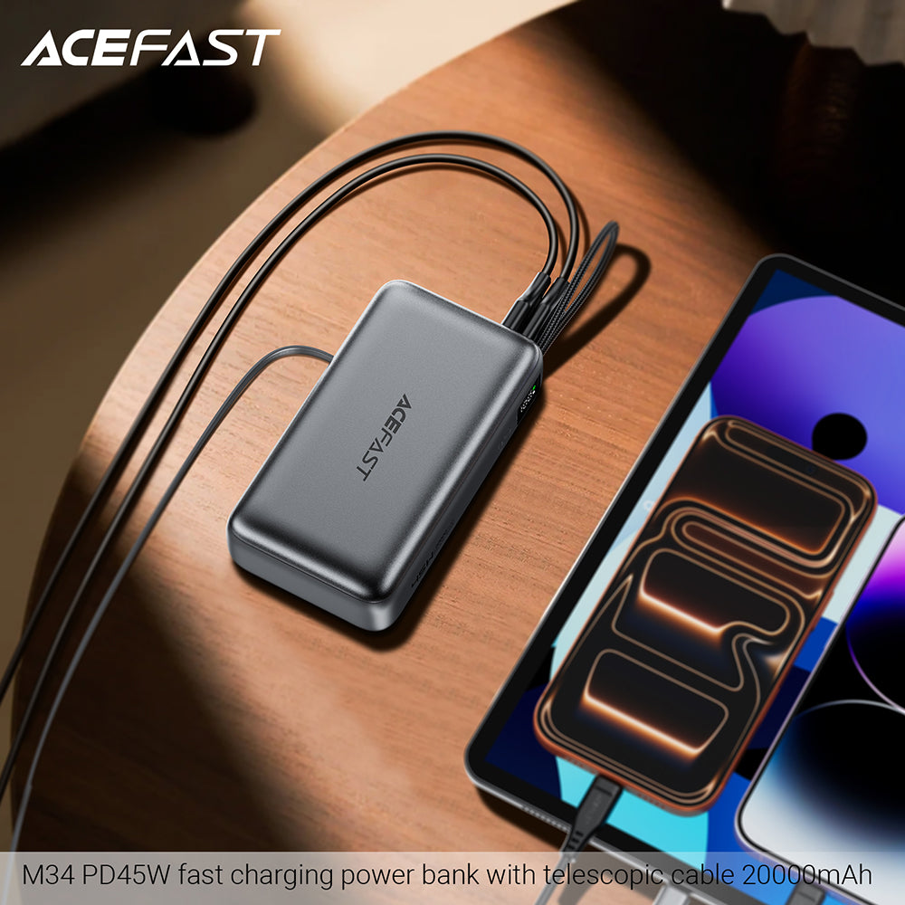 Externá batéria Acefast M34, 20000mAh, 45W, QC + PD, 1 x USB-A - 2 x USB-C, Strieborná