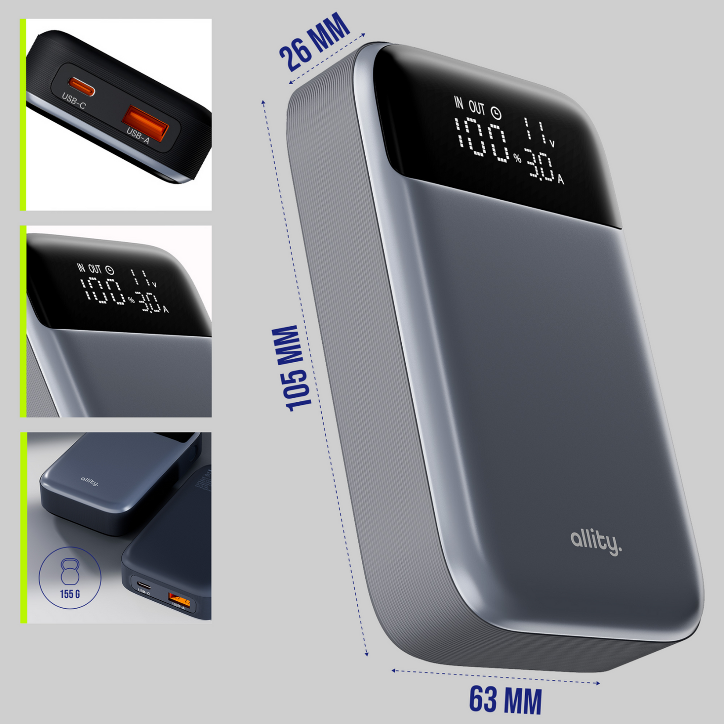 Externá batéria Allity. APB-200 PocketPower, 10000mAh, 33W, QC + PD, 1 x USB-A - 1 x USB-C, Sivá