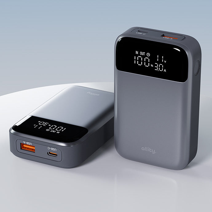 Externá batéria Allity. APB-200 PocketPower, 10000mAh, 33W, QC + PD, 1 x USB-A - 1 x USB-C, Sivá