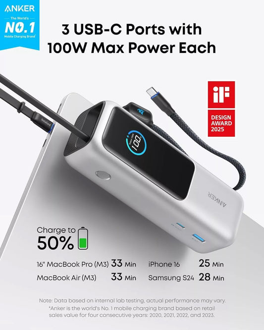 Externá batéria Anker, 25000mAh, 165W, QC + PD, 1 x USB-A - 3 x USB-C, Strieborná, Znovu zapečatená A1695H41