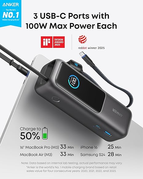 Externá batéria Anker, 25000mAh, 165W, QC + PD, 1 x USB-A - 3 x USB-C, Sivá A1695H11
