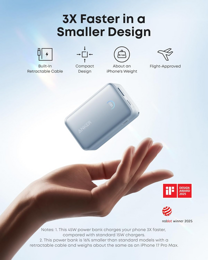 Externá batéria Anker Nano, 10000mAh, 45W, QC + PD, 1 x USB-A - 2 x USB-C, Modrá