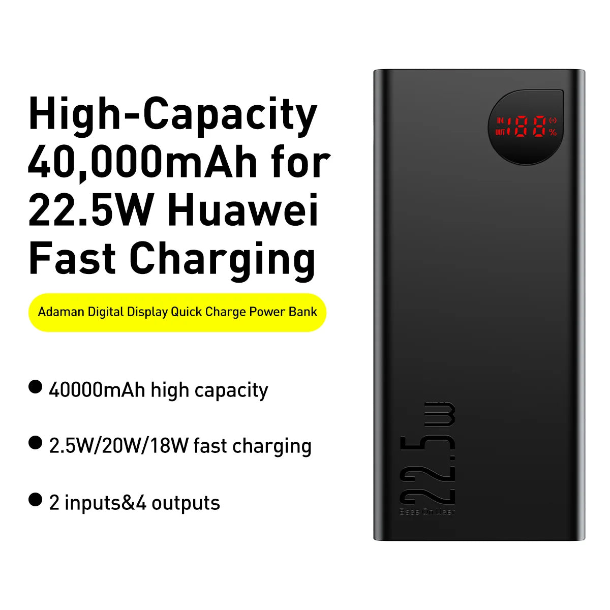 Externá batéria Baseus Adaman, 40000mAh, 22.5W, QC + PD, 1 x USB-C - 3 x USB-A, Čierna