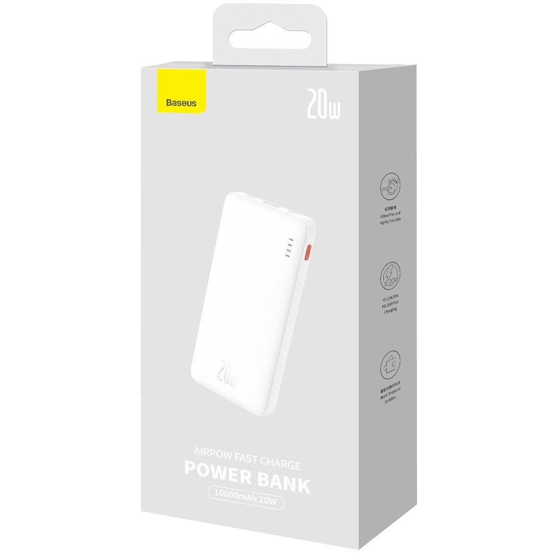 Externá batéria Baseus Airpow, 10000mAh, 20W, QC + PD, 1 x USB-A - 1 x USB-C, Biela
