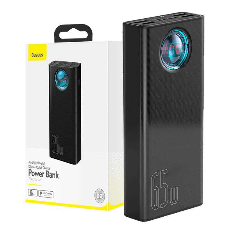Externá batéria Baseus Amblight Digital Display, 30000mAh, 65W, QC + PD, 1 x USB-C - 4 x USB-A, Čierna PPLG000101