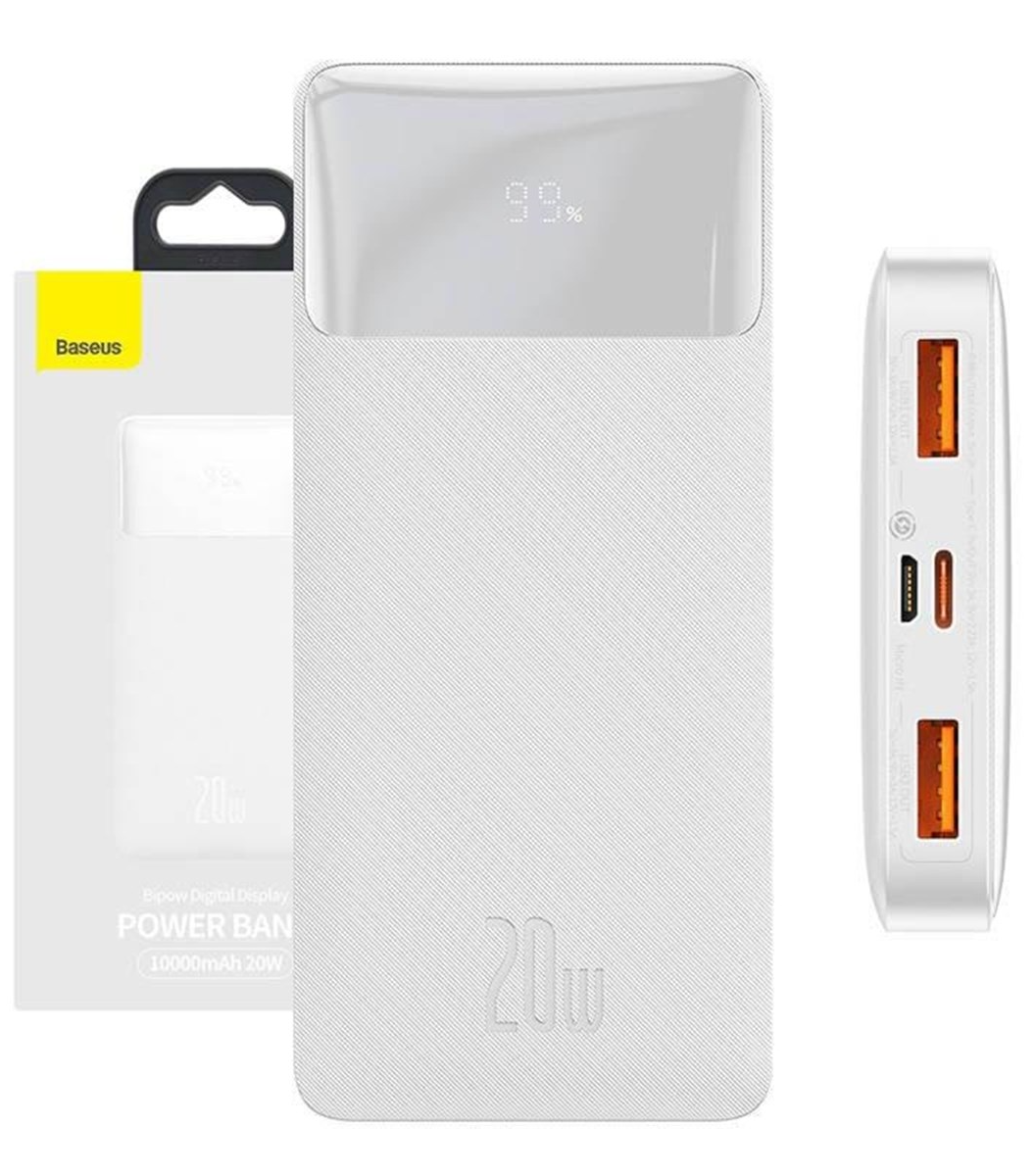Externá batéria Baseus Bipow, 10000mAh, 20W, QC + PD, 1 x USB-C - 2 x USB-A, Biela PPBD050502