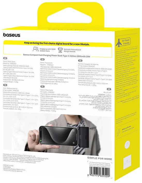 Externá batéria Baseus Compact, 5000mAh, 20W, PD, 2 x USB-C, Čierna P10068306113-00