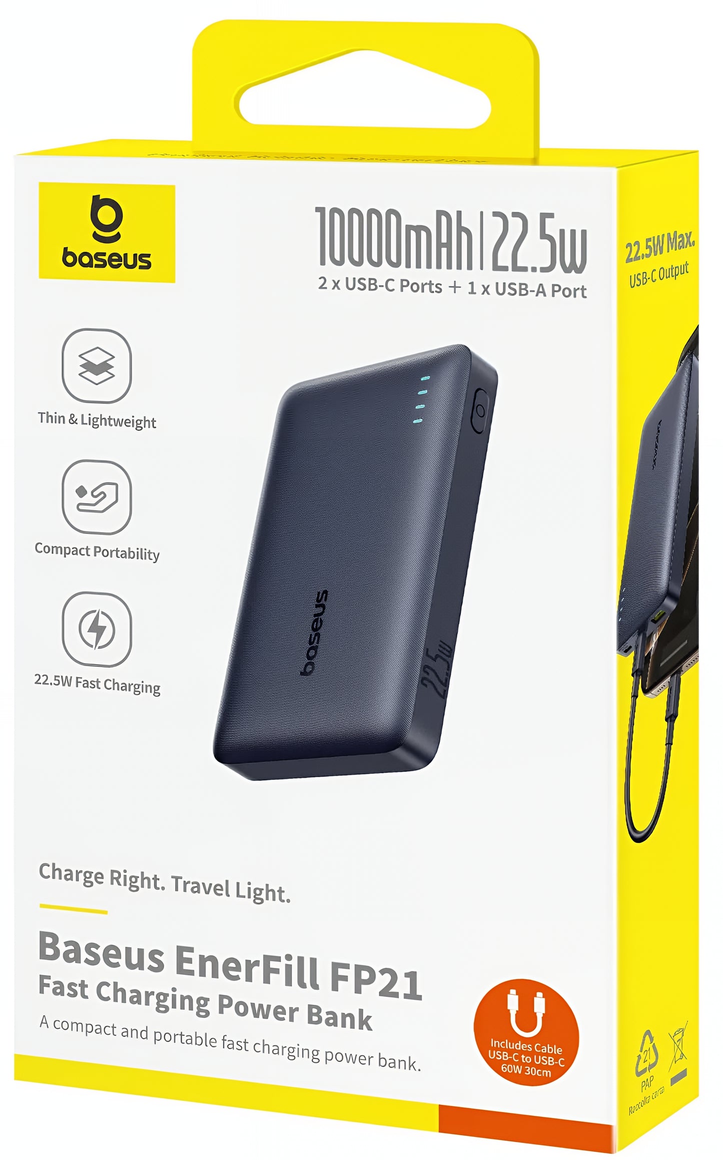 Externá batéria Baseus EnerFill FP21, 10000mAh, 22.5W, QC + PD, 1 x USB-A - 2 x USB-C, Čierna P1008210D123-00