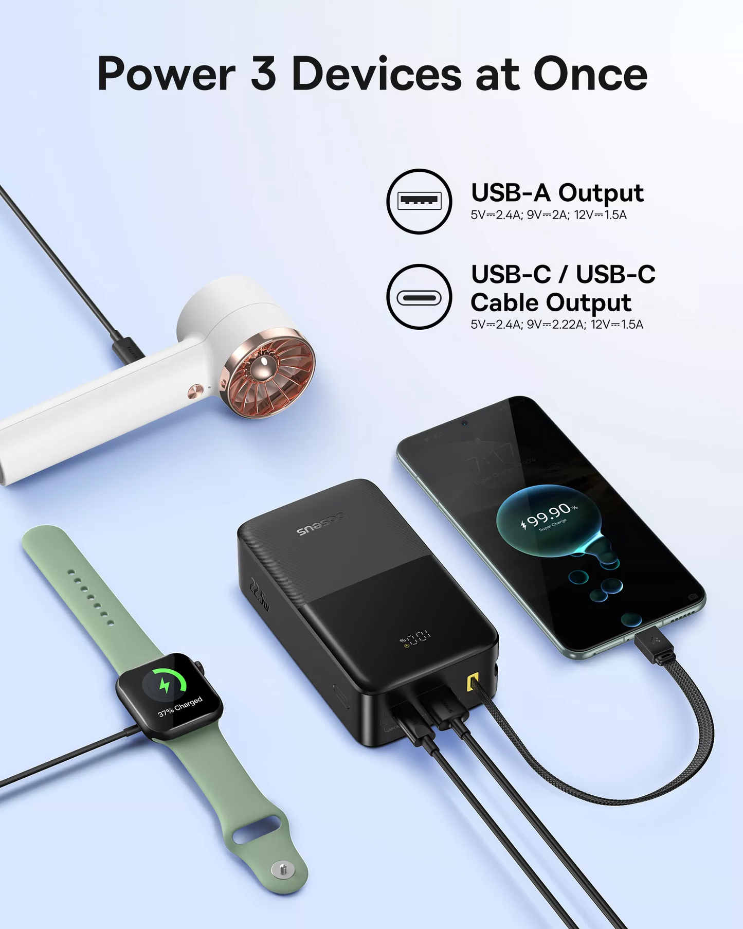 Externá batéria Baseus EnerFill Bipow2 Pro, 30000mAh, 22.5W, QC + PD, 1 x USB-A - 2 x USB-C, Čierna E0028100