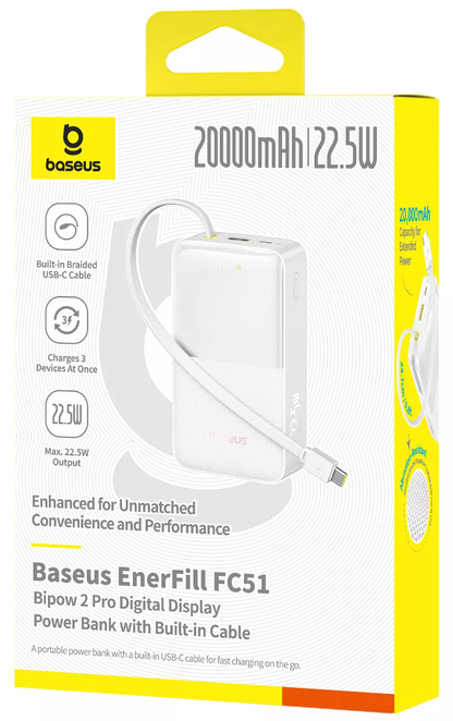 Externá batéria Baseus EnerFill Bipow2 Pro, 20000mAh, 22.5W, QC + PD, 1 x USB-A - 2 x USB-C, Biela E0027700