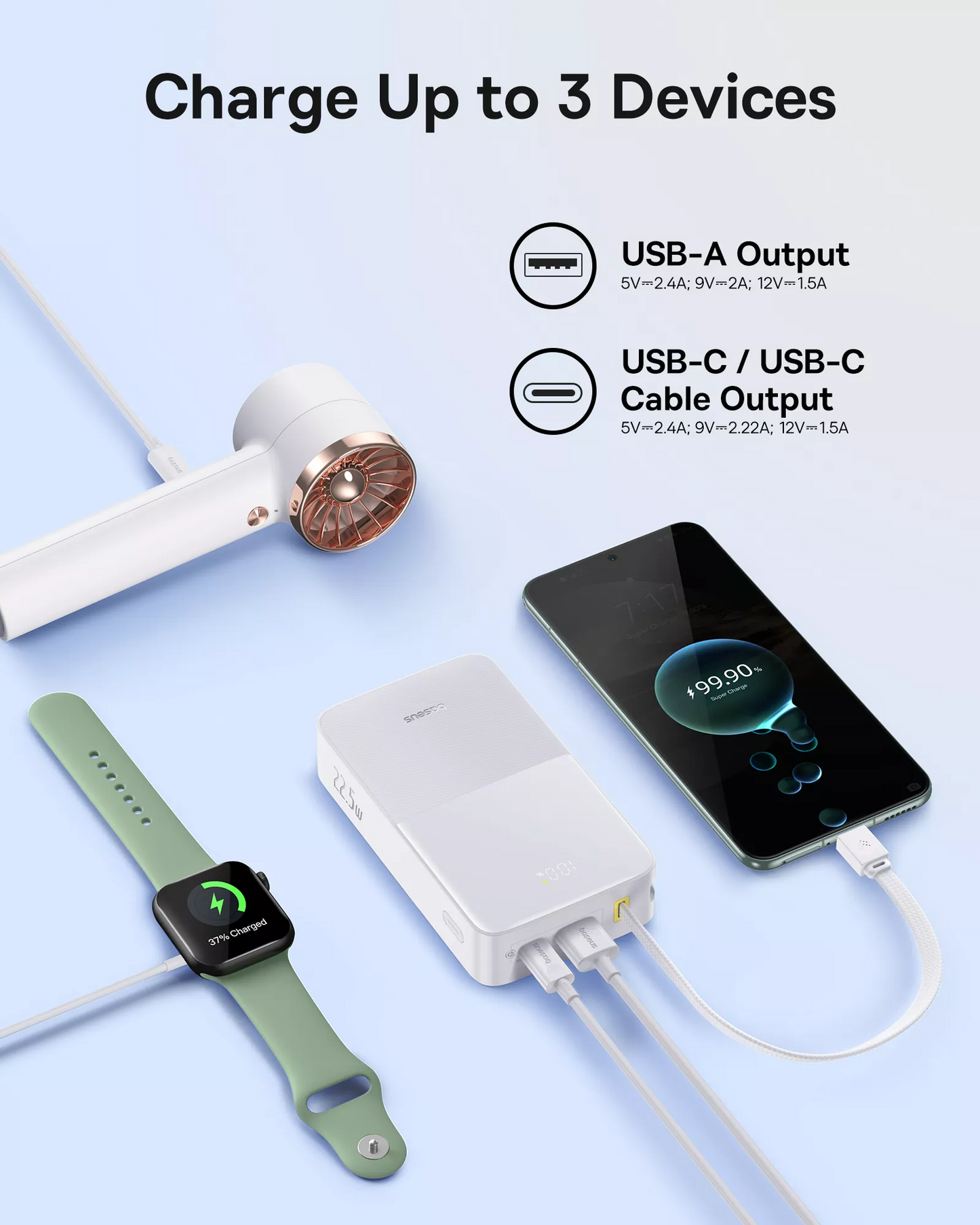 Externá batéria Baseus EnerFill Bipow2 Pro, 20000mAh, 22.5W, QC + PD, 1 x USB-A - 2 x USB-C, Biela E0027700
