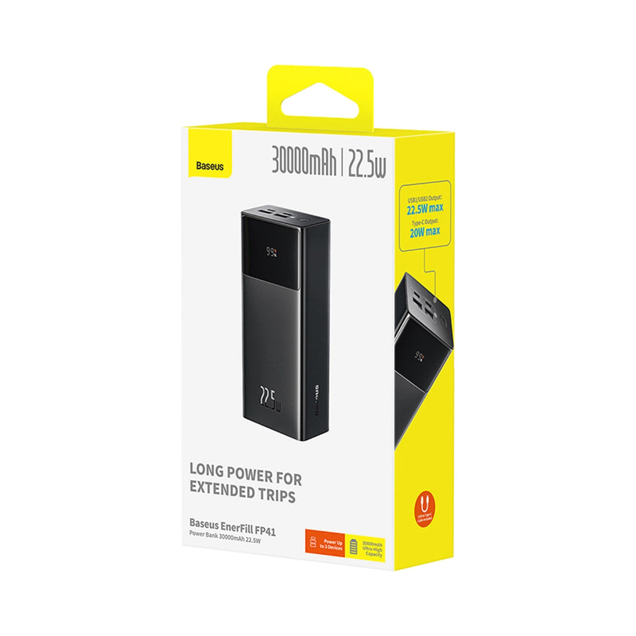 Externá batéria Baseus EnerFill FP41, 30000mAh, 22.5W, QC + PD, 1 x USB-C - 2 x USB-A, Čierna