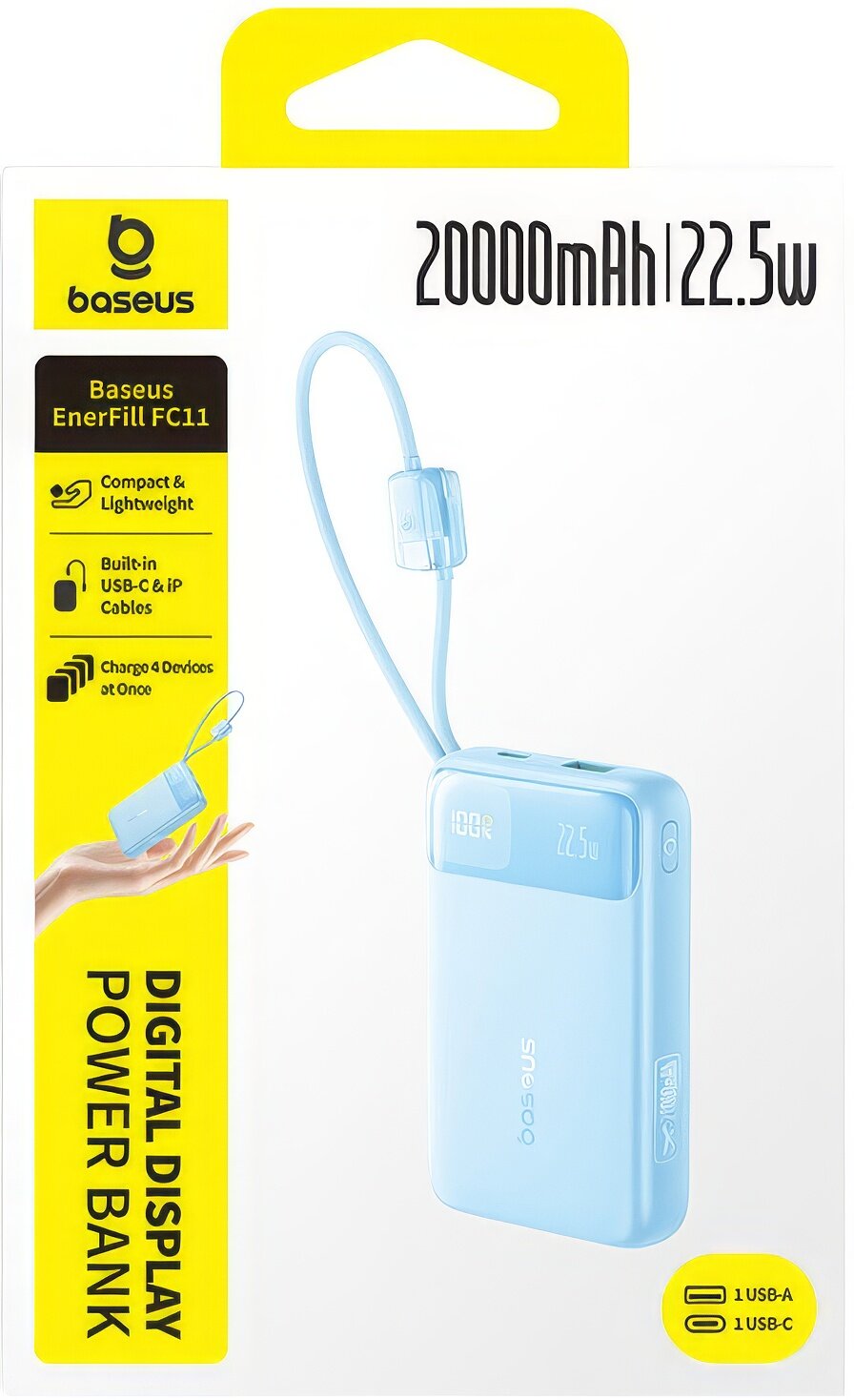 Externá batéria Baseus EnerFill FC11, 20000mAh, 22,5W, QC + PD, 1 x Lightning - 1 x USB-A - 2 x USB-C, modrá E0027S06