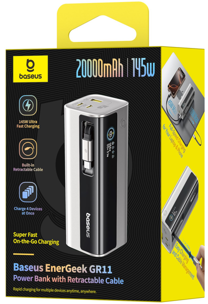 Externá batéria Baseus EnerGeek GR11, 20000mAh, 145W, QC + PD, 1 x USB-A - 3 x USB-C, Strieborná E0027B02