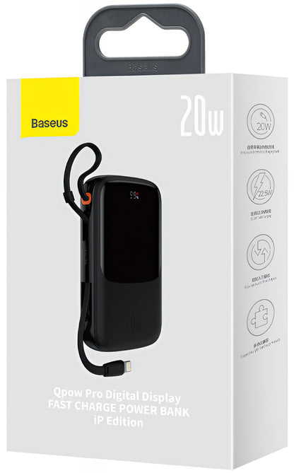 Baseus Qpow Pro External Battery, 20000mAh, 20W, QC + PD, 1 x Lightning - 1 x USB-A - 1 x USB-C, Black PPQD060201