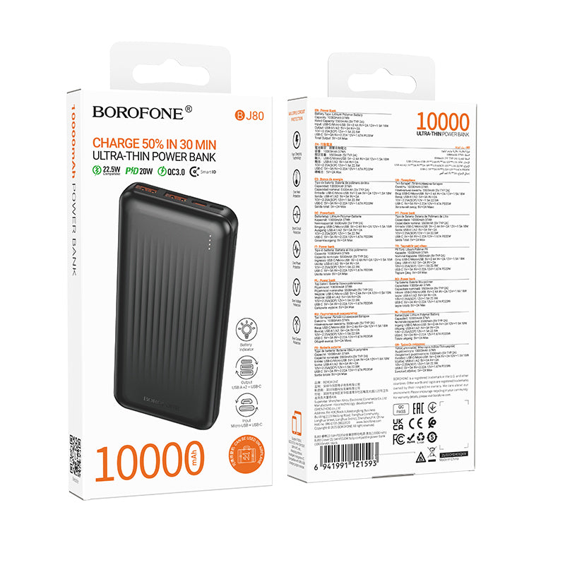 Externá batéria Borofone BJ80A Clever, 10000mAh, 22.5W, QC + PD, 1 x USB-C - 2 x USB-A, Čierna