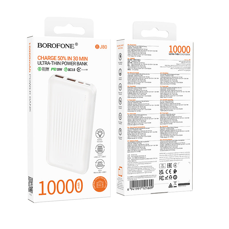 Externá batéria Borofone BJ80A Clever, 10000mAh, 22.5W, QC + PD, 1 x USB-C - 2 x USB-A, Biela