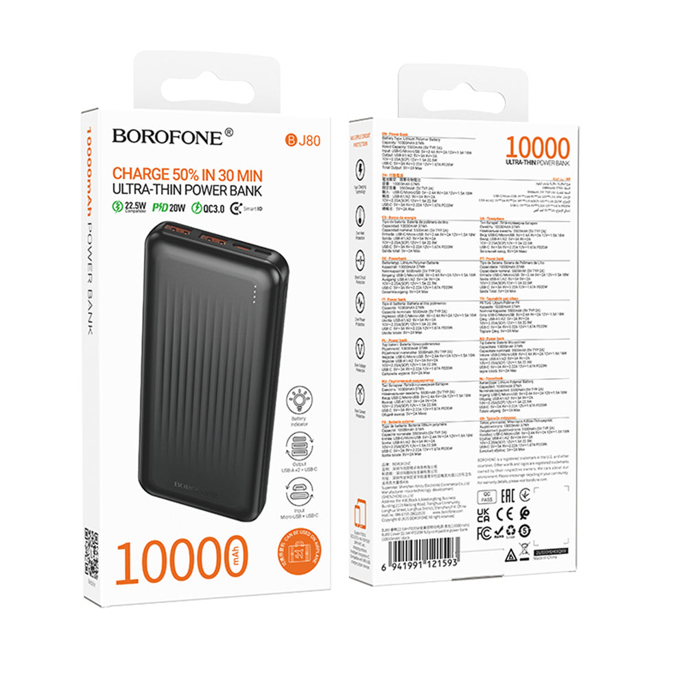 Externá batéria Borofone BJ80A Clever, 10000mAh, 22.5W, QC + PD, 1 x USB-C - 2 x USB-A, Čierna