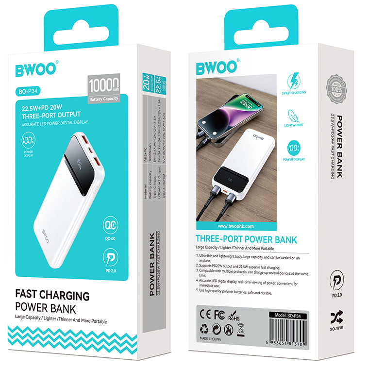 Externá batéria BWOO BO-P34, 10000mAh, 22,5W, QC + PD, 1 x USB-C - 2 x USB-A, biela