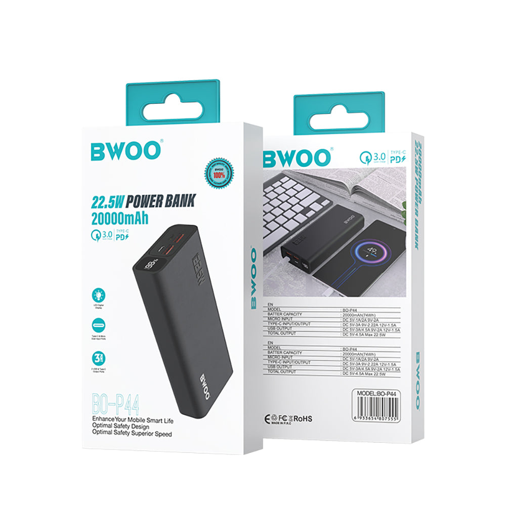 Externá batéria BWOO BO-P44, 20000mAh, 22.5W, QC + PD, 1 x USB-C - 2 x USB-A, Čierna