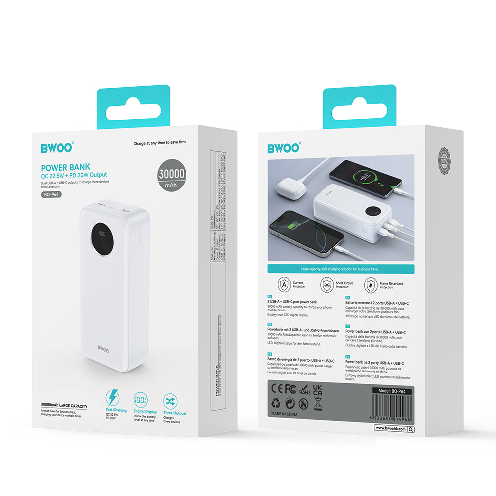 Externá batéria BWOO BO-P64, 30000mAh, 22.5W, QC + PD, 1 x USB-C - 2 x USB-A, Biela