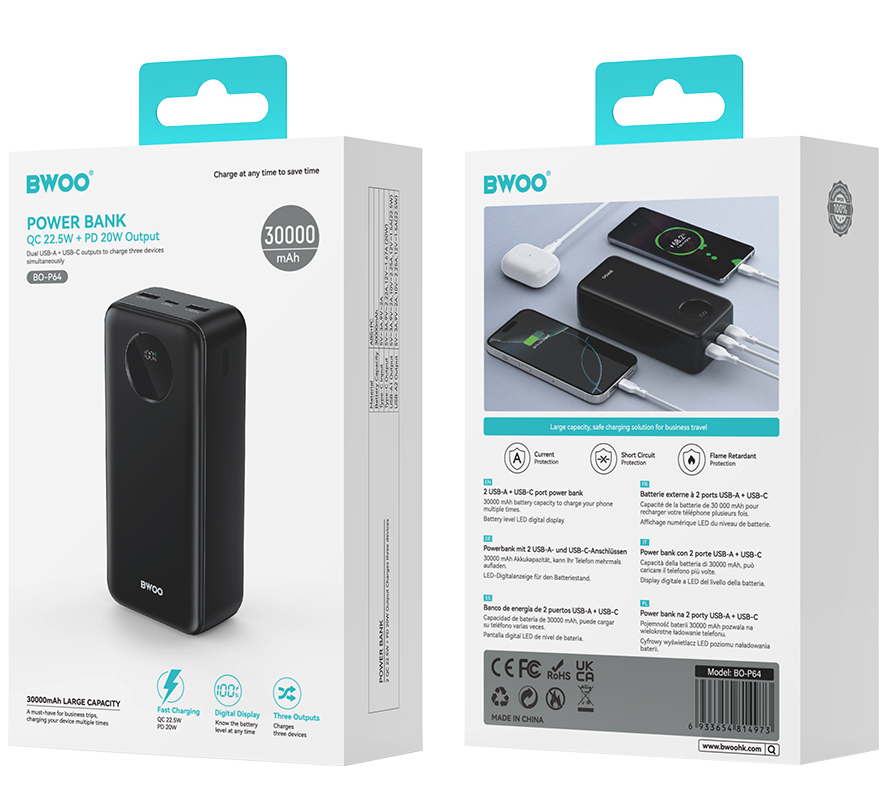 Externá batéria BWOO BO-P64, 30000mAh, 22.5W, QC + PD, 1 x USB-C - 2 x USB-A, Čierna