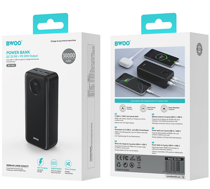 Externá batéria BWOO BO-P64, 30000mAh, 22.5W, QC + PD, 1 x USB-C - 2 x USB-A, Čierna