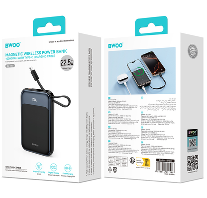 Bezdrôtová externá batéria BWOO BO-P80, 10000mAh, 22,5W, PD + FQI, 1 x QI - 2 x USB-C, čierna