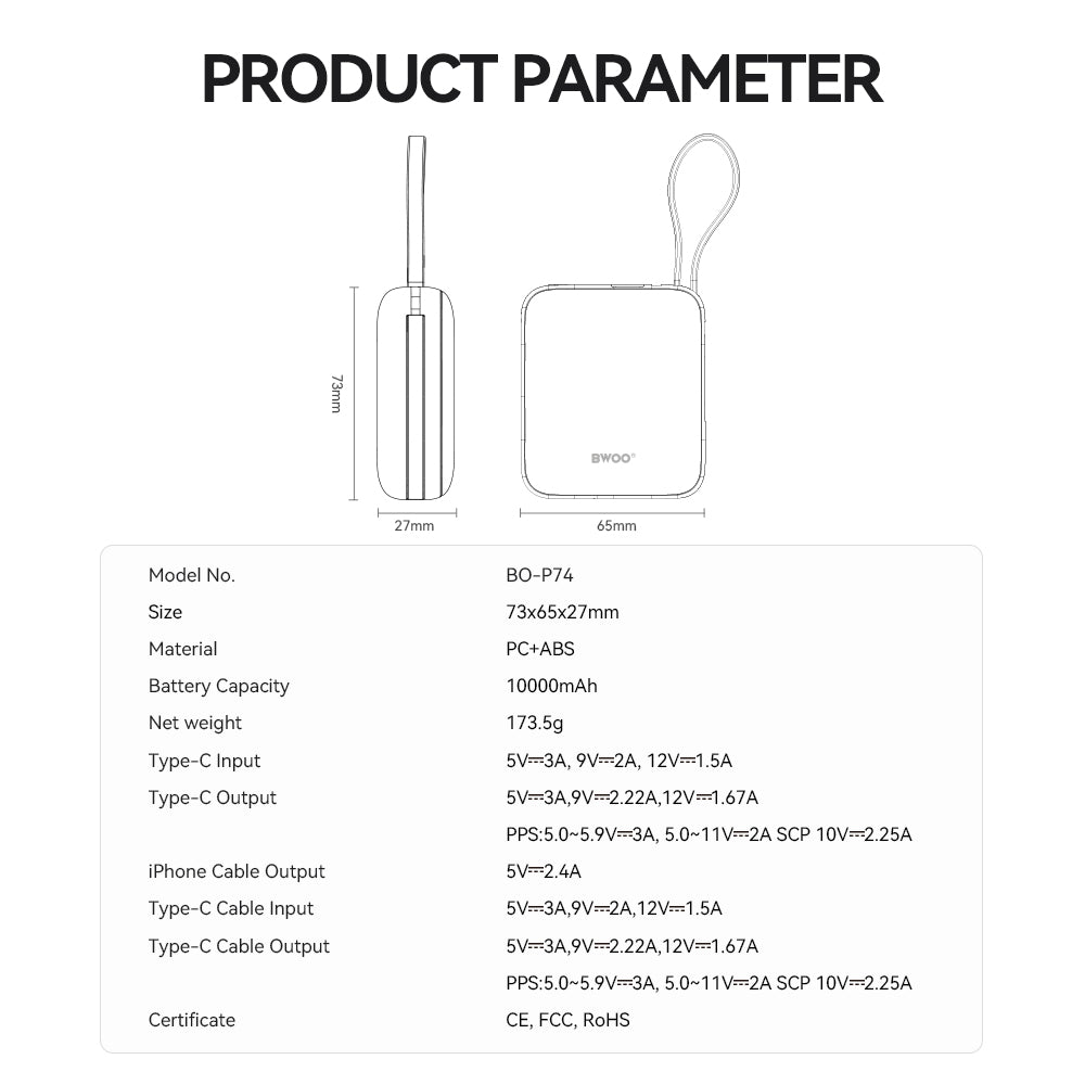 Externá batéria BWOO BO-P74, 10000mAh, 22.5W, PD, 1 x Lightning - 2 x USB-C, Čierna