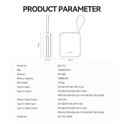 Externá batéria BWOO BO-P74, 10000mAh, 22.5W, PD, 1 x Lightning - 2 x USB-C, Čierna