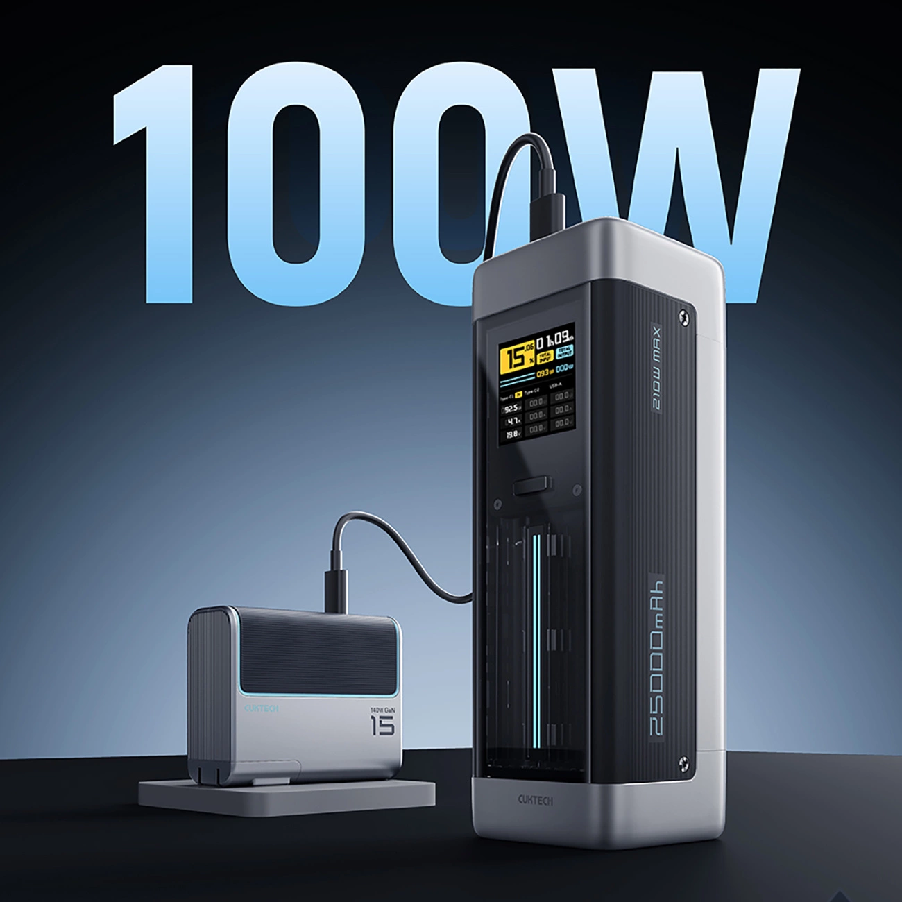 Externá batéria Cuktech, 25000mAh, 210W, QC + PD, 1 x USB-A - 2 x USB-C, Čierna CUK00P23GLBK