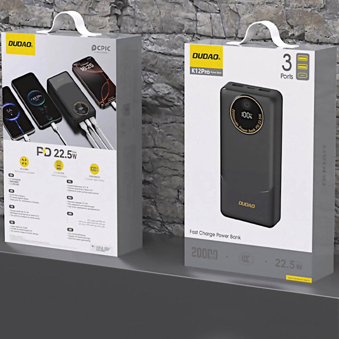 Externá batéria Dudao K12Pro, 20000mAh, 22.5W, QC + PD, 1 x USB-C - 2 x USB-A, Čierna